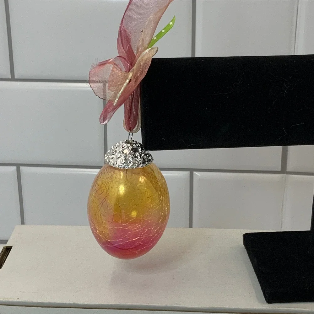 Crackle‎ Glass Egg Ornament Pink Amber Gradient Easter Spring Decor with Ribbon